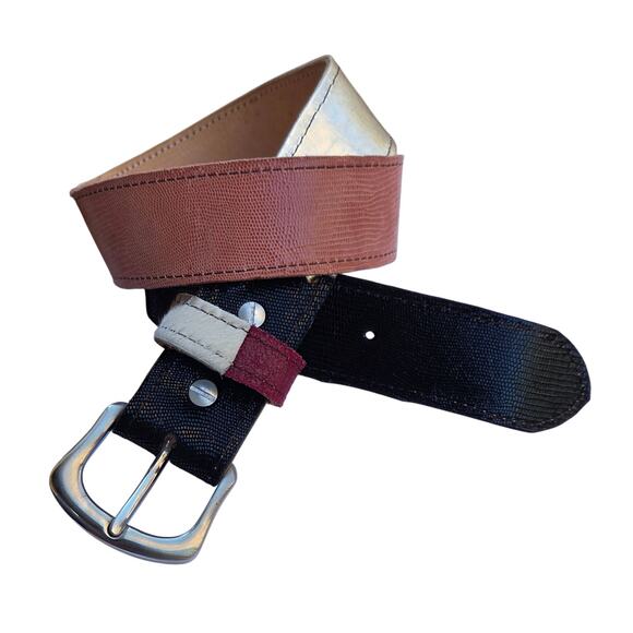 Vintage Y2K Patchwork Leather Belt – Metallic Pink Pony Hair –S/M - Picture 2 of 10